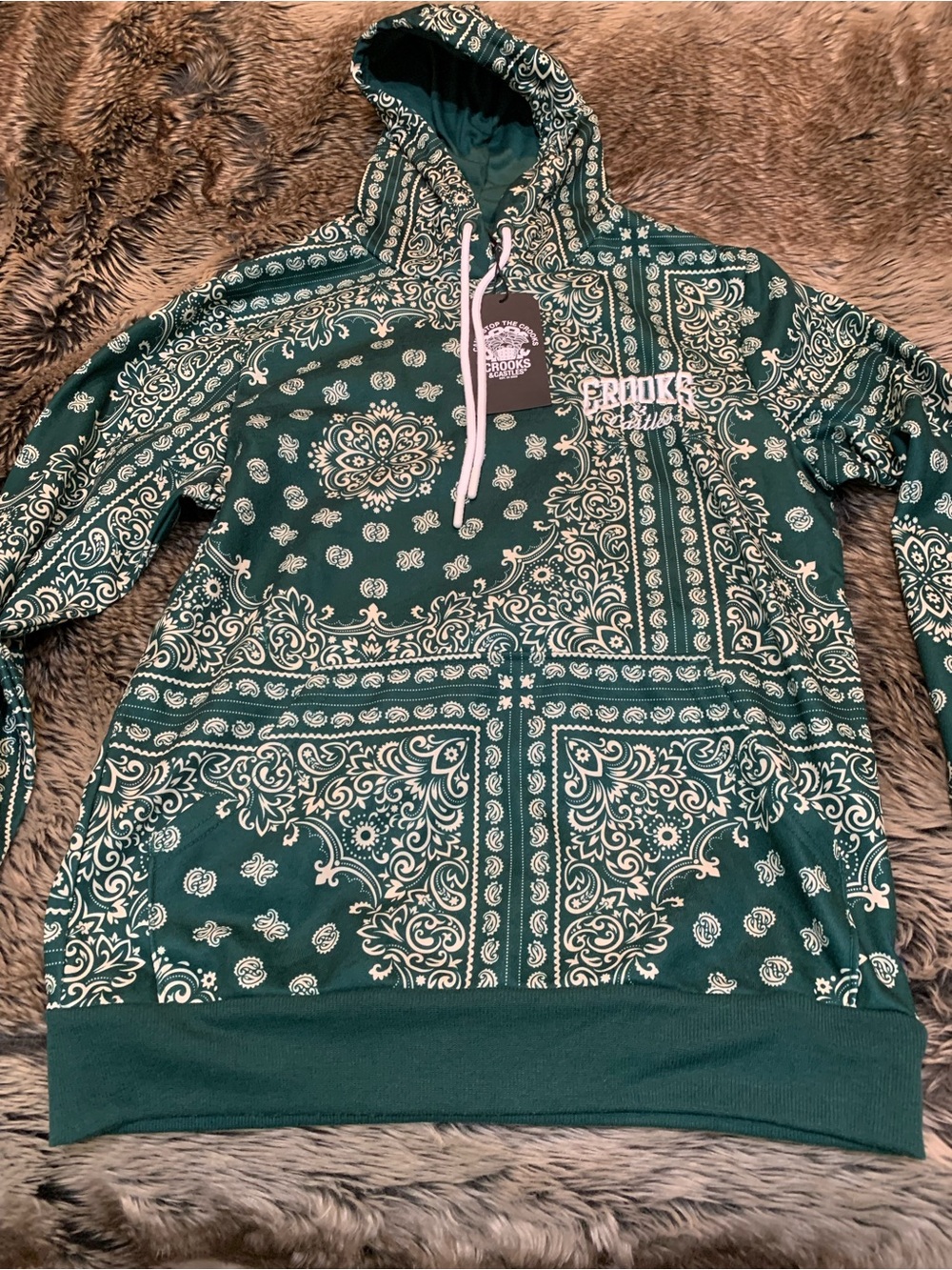 Crooks & Castles Hoodie Men Large Green Paisley AOP Bandana Print Size M NWT